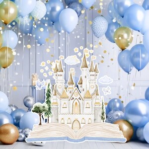 Prinses groot decor Knipsel, babymeisje Verjaardag standee, grillige Bloemenprinses, magisch Betoverd kasteel, blauw afdrukbaar decoratiefeest