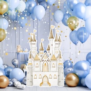 Princesse grand décor Découpe, bébé fille anniversaire voyageur, princesse florale fantaisiste, château enchanté magique, fête de décoration imprimable bleue