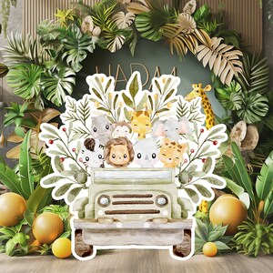 Jungle baby groot decor Knipsel feestrekwisieten, jungle verjaardag standee, schattige achtergrond, afdrukbare grote rekwisieten voor feest, schattig dierenavontuur