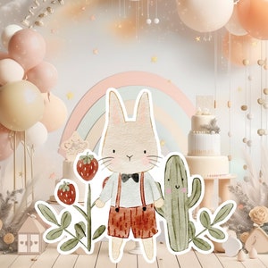 Boho baby groot decor Knipsel feestrekwisieten, schattig konijntje Verjaardagsstandaard, boho schattige achtergrond, afdrukbare grote rekwisieten voor feest, leuke decoratie
