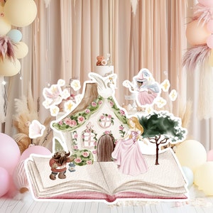 Prinses groot decor Knipsel feestrekwisieten, baby verjaardag staand, schattige sprookjesachtergrond, magisch betoverd kasteel, afdrukbare decorprint