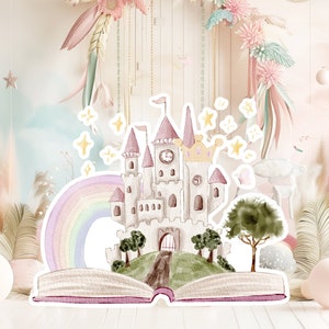 Prinses groot decor knipsel partij rekwisieten, baby verjaardag standee, schattige sprookje achtergrond, magisch betoverd kasteel, afdrukbare decor print