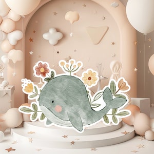 Boho baby groot decor knipsel partij rekwisieten, schattige walvis verjaardag standee, boho schattige achtergrond, afdrukbare grote rekwisieten voor feest, schattige decoratie
