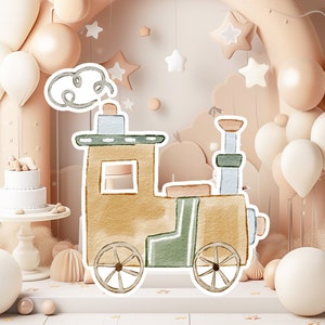 Boho baby groot decor Knipsel partij rekwisieten, schattige trein Verjaardag standee, boho schattige achtergrond, afdrukbare grote rekwisieten voor feest, schattig decor