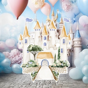 Grande découpe de décoration princesse, bébé fille voyageant debout, princesse florale fantaisiste, château enchanté magique, fête de décoration imprimable bleue