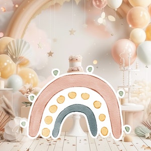 Boho baby groot decor knipsel partij rekwisieten, schattige regenboog verjaardag standee, boho schattige achtergrond, afdrukbare grote rekwisieten voor feest, schattig versieren