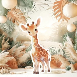 Grand décor de bébé girafe, accessoires de fête découpés, mignon voyageur debout d'anniversaire dans la jungle, toile de fond adorable, grands accessoires imprimables pour la fête, animal mignon