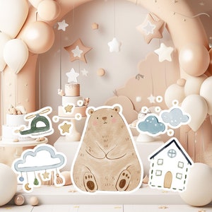 Boho baby groot decor Knipsel feestrekwisieten, schattige beer verjaardag staand, boho schattige achtergrond, afdrukbare grote rekwisieten voor feest, leuke decoratie