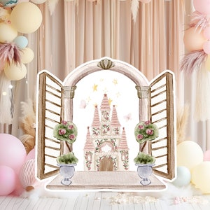Prinses groot decor Knipsel feestrekwisieten, baby verjaardag staand, schattige sprookjesachtergrond, magisch betoverd kasteel, afdrukbare decorprint