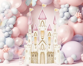 Princess big decor Cutout, baby girl Birthday standee, whimsical Floral Princess, magical Enchanted castle, pink printable decoration party