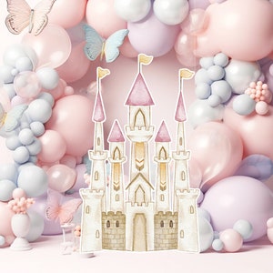 Prinses groot decor knipsel, babymeisje verjaardag standee, grillige bloemenprinses, magisch betoverd kasteel, roze afdrukbare decoratiefeest
