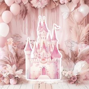 Prinses groot decor uitsnede, babymeisje verjaardag staand, grillige bloemenprinses, magisch betoverd kasteel, roze afdrukbaar decoratiefeest