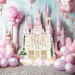 Prinses groot decor knipsel, babymeisje verjaardag standee, grillige bloemenprinses, magisch betoverd kasteel, roze afdrukbare decoratiefeest