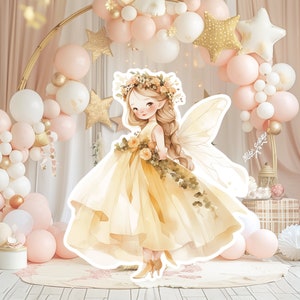 Grande décoration féerique découpée, voyageur debout d'anniversaire de fée, princesse féerique florale lunatique, accessoires magiques de fête enchantée, décoration de personnage imprimable