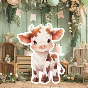 Grand décor de bébé de ferme de vache Accessoires de fête de découpe, voyageur debout d'anniversaire de vache mignonne, toile de fond adorable d'animal de ferme, grands accessoires imprimables pour le décor de fête