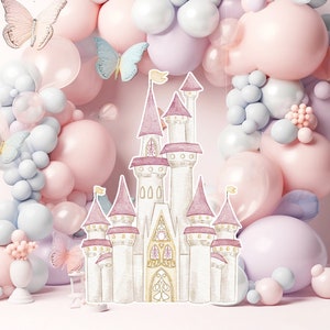 Prinses groot decor knipsel, babymeisje verjaardag standee, grillige bloemenprinses, magisch betoverd kasteel, roze afdrukbare decoratiefeest