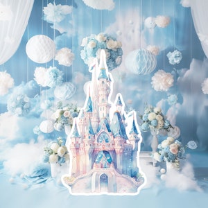 Prinses groot decor Knipsel, babymeisje Verjaardag standee, grillige Bloemenprinses, blauw magisch Betoverd kasteel, afdrukbare deco, feestrekwisieten