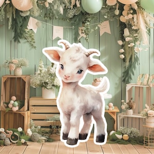Decoración grande para bebé de cabra de granja, Accesorios de fiesta recortables, Soporte de cumpleaños de cabra, Fondo adorable de animales de granja, Accesorios grandes imprimibles para decoración de fiestas
