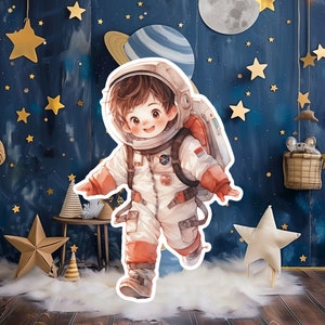 Astronauta jugador bebé gran decoración Accesorios de fiesta recortados, astronauta Cumpleaños standee, lindo telón de fondo adorable, grandes accesorios imprimibles para la decoración de la fiesta