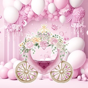 Prinses groot decor Knipsel, babymeisje Verjaardag standee, grillige Bloemenprinses, magisch Betoverd koets, afdrukbaar decoratiefeest