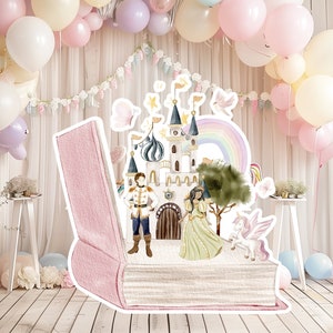 Prinses groot decor Knipsel feestrekwisieten, baby verjaardag staand, schattige sprookjesachtergrond, magisch betoverd kasteel, afdrukbare decorprint