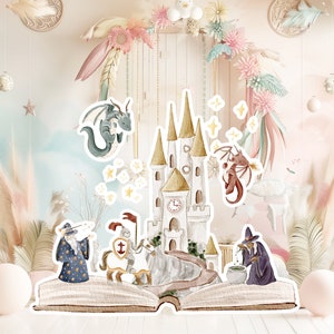 Prinses groot decor Knipsel feestrekwisieten, baby verjaardag staand, schattige sprookjesachtergrond, magisch betoverd kasteel, afdrukbare decorprint