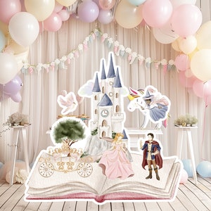 Prinses groot decor Knipsel feestrekwisieten, baby verjaardag staand, schattige sprookjesachtergrond, magisch betoverd kasteel, afdrukbare decorprint