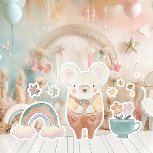 Boho baby groot decor knipsel partij rekwisieten, schattige muis verjaardag standee, boho schattige achtergrond, afdrukbare grote rekwisieten voor feest, schattige decoratie
