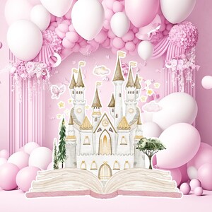 Prinses groot decor knipsel, babymeisje verjaardag standee, grillige bloemenprinses, magisch betoverd kasteel, roze afdrukbare decoratiefeest