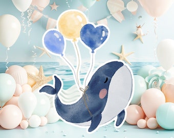 Może przedstawiać: Niebieski balon w kształcie wieloryba z jasnoniebieskim, żółtym i ciemnoniebieskim balonem przywiązanym do ogona. Balony unoszą się na tle jasnoniebieskiego tła z białymi i różowymi balonami.