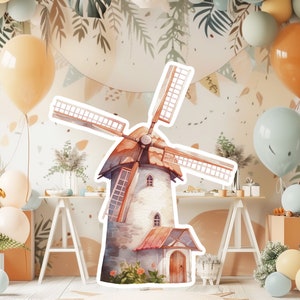 Windmolen baby groot decor Knipsel feestrekwisieten, wilde molen verjaardag standee, windmolen schattige achtergrond, afdrukbare grote rekwisieten voor feestdecoratie