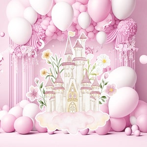 Prinses groot decor knipsel, babymeisje verjaardag standee, grillige bloemenprinses, magisch betoverd kasteel, roze afdrukbare decoratiefeest
