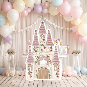 Prinses groot decor knipsel partij rekwisieten, baby verjaardag standee, schattige sprookje achtergrond, magisch betoverd kasteel, afdrukbare decor print