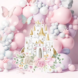Prinses groot decor knipsel, babymeisje verjaardag standee, grillige bloemenprinses, magisch betoverd kasteel, roze afdrukbare decoratiefeest