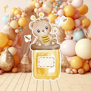 HONING BEER baby groot decor Knipsel partij rekwisieten, honingbeer Verjaardag standee, beer en bijen schattige achtergrond, afdrukbare grote rekwisieten feestdecor