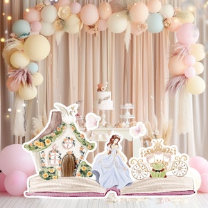 Prinses groot decor knipsel partij rekwisieten, baby verjaardag standee, schattige sprookje achtergrond, magisch betoverd kasteel, afdrukbare decor print