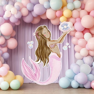 Zeemeermin groot decor knipsel, babymeisje verjaardag standee, grillige bloemenzeemeermin, magisch betoverd feest, onder het afdrukbare decor van de zee