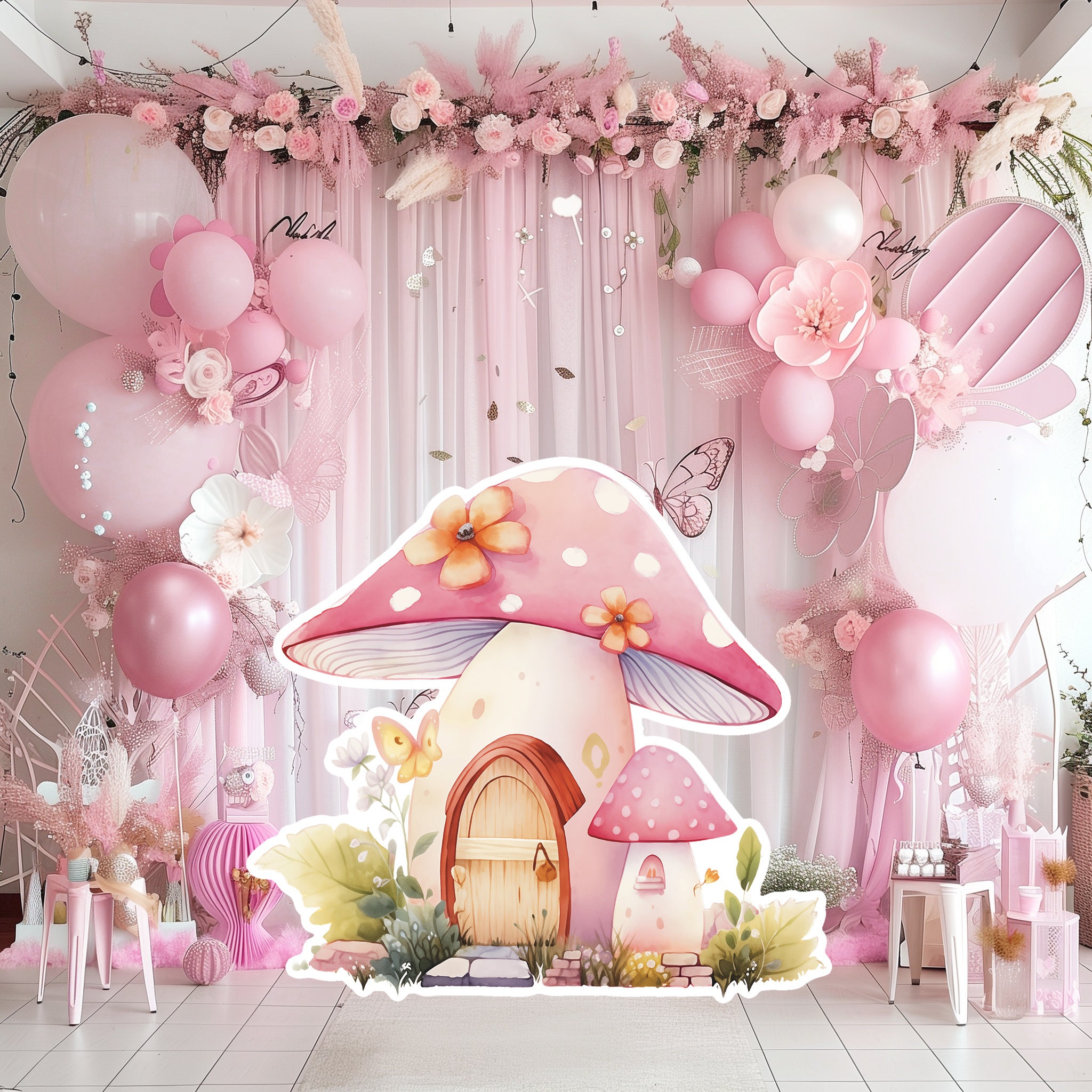 Pink Fairy Garden Birthday Backdrop - 6x4 Ft Flower Fairy Banner With Ribbon For Girls Party Decor