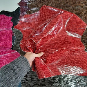 May include: A variety of leather hides in different colors, including black, brown, red, and pink. The hides have a textured, crocodile-like pattern.