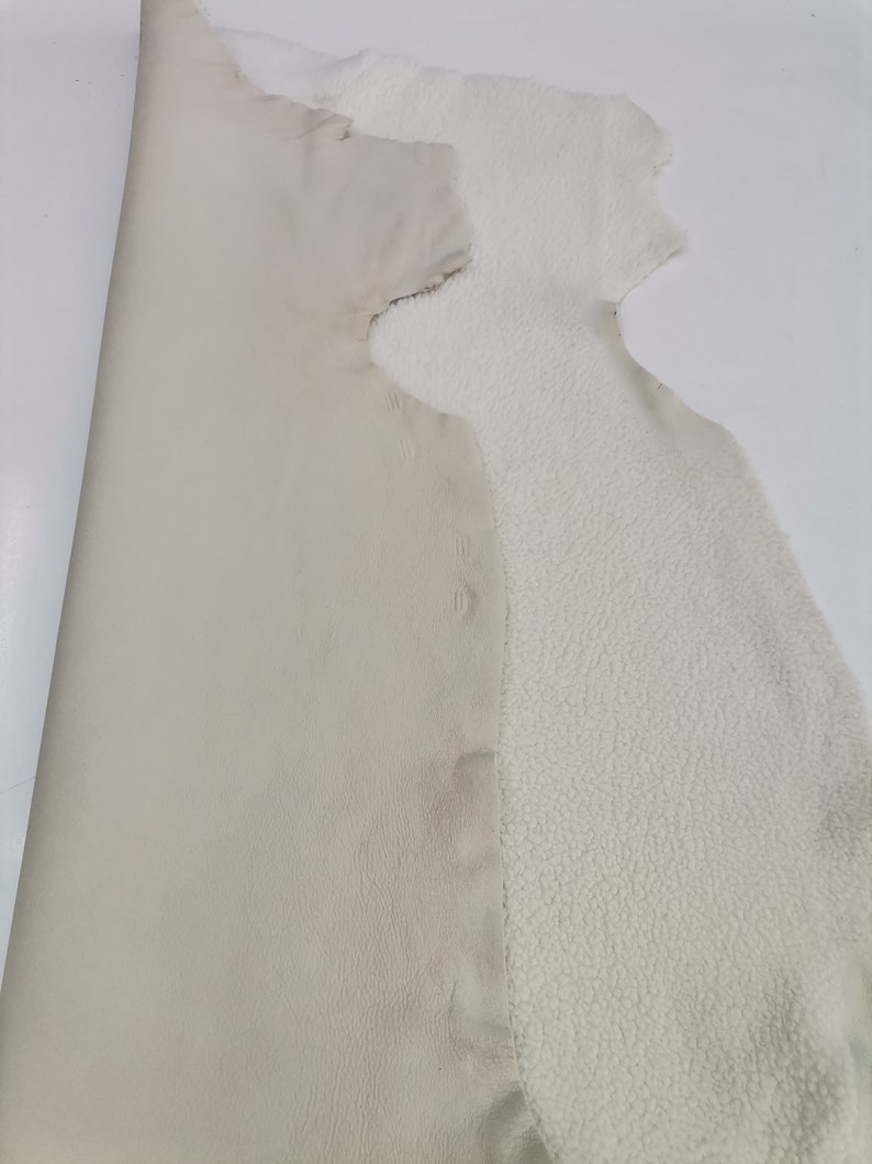 May include: A piece of off-white leather with a white fleece backing. The leather is smooth and the fleece is soft and fluffy.