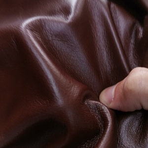 Peut inclure: Gros plan sur un mat&eacute;riau en cuir brun fonc&eacute; avec une surface lisse et textur&eacute;e. Le cuir est pli&eacute; et froiss&eacute;, montrant sa flexibilit&eacute;.