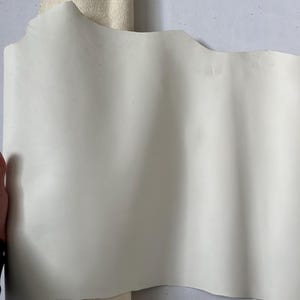 Puede incluir: Una hoja de cuero blanco est&aacute; enrollada y parcialmente desenrollada, revelando la superficie lisa y blanquecina del cuero. El cuero es suave y flexible, con un ligero brillo.