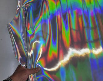 Couro bovino envernizado prateado iridescente: Holográfico arco-íris brilhante metálico (1,1 mm 3 oz)