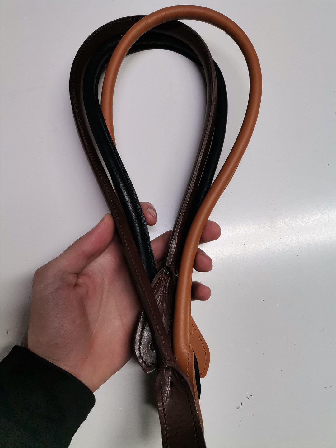 Leather Shoulder Handles for Bags, Pair or Rounded Stitched Genuine