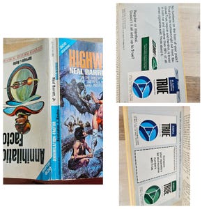 May include: Image of two vintage science fiction paperback books and a cigarette advertisement. The book covers feature colorful illustrations and titles like "Annihilation Factor" and "Highway". The advertisement promotes "True" cigarettes.