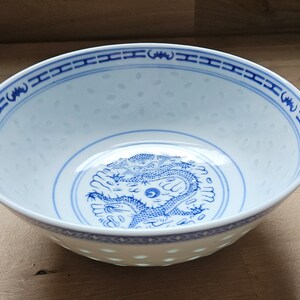 Vintage, (1970), Jingdezhen, Chinese, Rice Eye, Blue and White Porcelain Bowl, Dragon Pattern