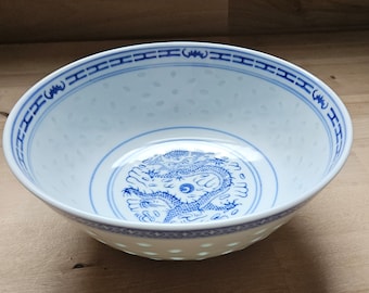 Vintage, (1970), Jingdezhen, Chinese, Rice Eye, Blue and White Porcelain Bowl, Dragon Pattern