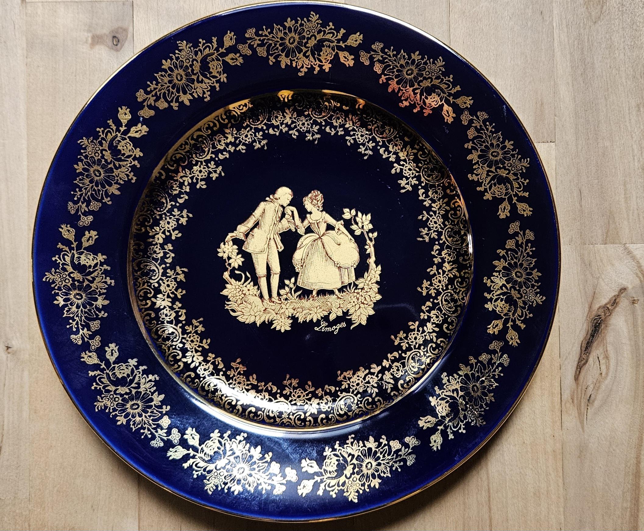 Limoges Castel 濃紺皿と和光の青いガラス皿セット銀のバターナイフ付 limoges castel Limoges Castel 濃紺皿と和光の青いガラス皿セット銀の