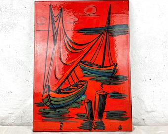 Large ceramic tile painting by Y 39 cm Ginther Tananarive Decor Bergers and Zebu 50s 60 Crafts Madagascar Height