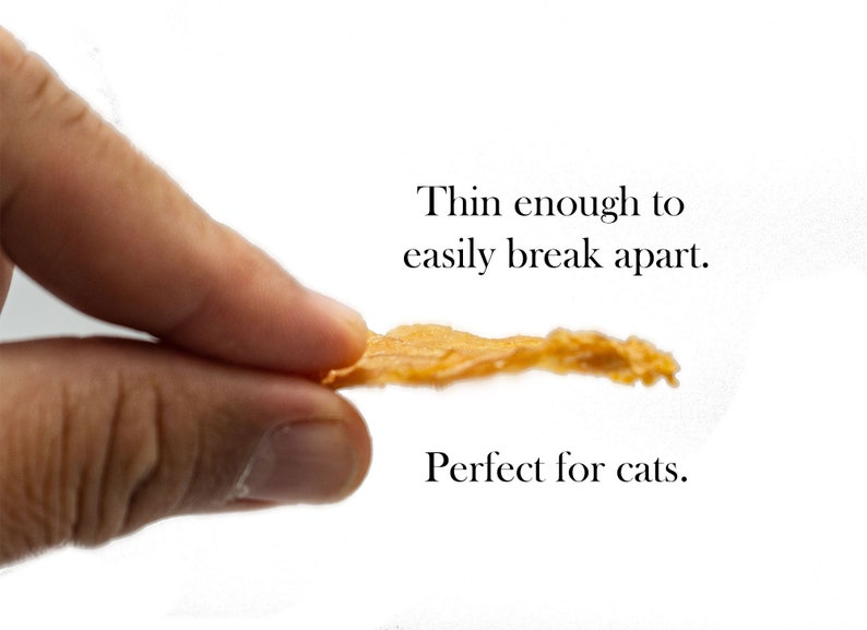 May include: A thin, light brown, dried meat treat for cats. The treat is being held by a hand and is thin enough to easily break apart.